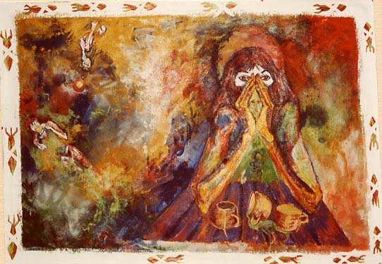 Acrylic painted on unstretched raw canvas.