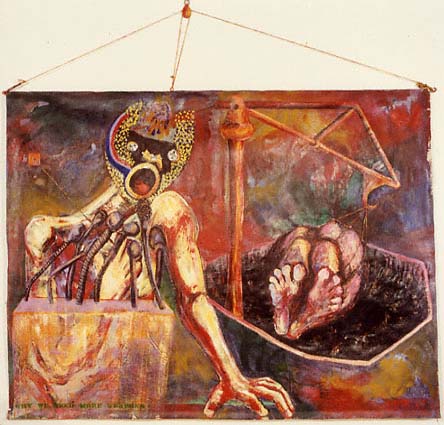 Acrylic painted on unstretched raw canvas.